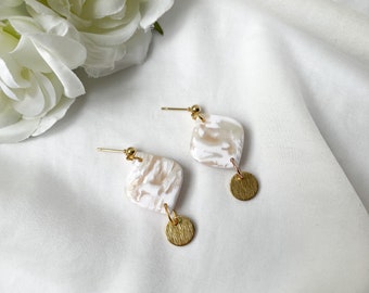 White Marble Earrings, Clay Earrings Bridal, Off-white Earrings, 21st Birthday Gift For Her, Long Bridal Earrings, Neutral Clay Earrings