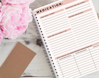 Könnte beinhalten: Ein weißes Spiralnotizbuch mit einer rosa Kopfzeile, auf der "MEDICATION:" steht und Abschnitte für "Wie funktioniert es?", "Wie viel geben Sie?", "Wem geben Sie es?", "Patientenaufklärung", "Was sollten Sie vor der Verabreichung wissen?", "Nebenwirkungen", "Kontraindikationen" und "Wechselwirkungen" enthält.