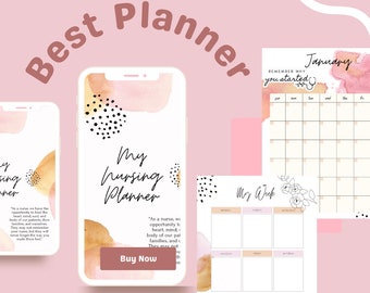 Könnte beinhalten: Ein digitaler Planer für Krankenschwestern mit einem rosa und orangefarbenen Aquarellhintergrund. Der Planer enthält einen Monatskalender, einen Wochenplaner und ein Zitat über die Bedeutung der Krankenpflege. Der Text "My Nursing Planner" ist in schwarzer Kursivschrift geschrieben. Der Text "Jetzt kaufen" ist in weißer Schrift auf einem braunen Knopf geschrieben.