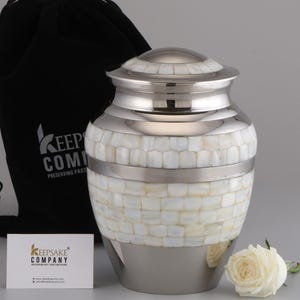 Chrome Silver Mother of Pearl Cremation Urn for Human Ashes, Adult Ashes Keepsake, Memorial, Personalized, Aluminum from Keepsake Company