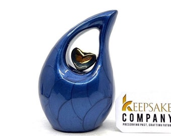 Roman Blue teardrop mini Cremation Urn with Gold plated Heart for Human Ashes - Perfect for Adult and Infants from Keepsake Company