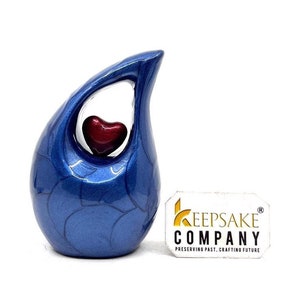 Cremation Urn Roman Blue Teardrop Mini with Red Heart Keepsake for Human Ashes, Adults & Infants Memorial Urn
