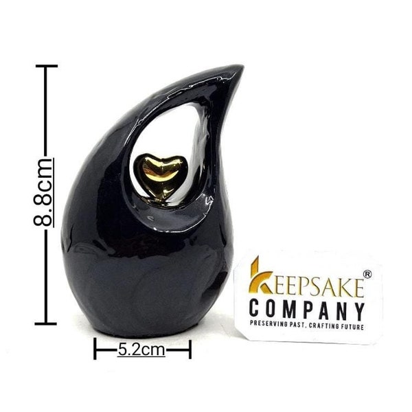 Schwarze tropfenförmige Mini-Einäscherungsurne mit vergoldetem Herz für Human Ashes von Keepsake Company - Perfekt für Erwachsene und Kleinkinder