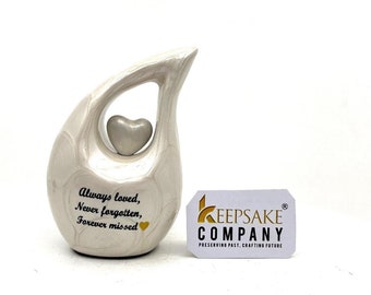 Pearl White teardrop Mini Cremation Urn with White Heart (Small Urns for Human Ashes / Mini Urns for Human Ashes) from Keepsake Company