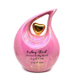 Pink Teardrop Cremation Urn – Golden Heart, Personalized Memorial