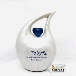 White Teardrop Pet Urn with Blue Pearl Heart - Custom Engraving Available
