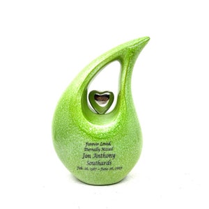 Green Teardrop Cremation Urn  with Silver Heart in Medium size (6 Inches/ 15 centimetres) / Urn for Ashes / Memorial Urn / Keepsake for Ash