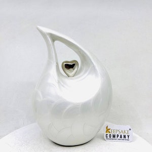 White Pearl Teardrop Cremation urn with Silver Heart Urn Urns for Ashes Medim Urn / Ash Urn Personalized Urn 7 Inches Height image 1