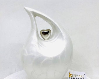Cremation Urn Small / Medium Ash Urn White Glossy Teardrop with Silver Heart - Personalized Urns for Ashes 7 Inch Memorial Keepsake
