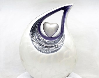 Teardrop Ashes Urn: Pearl White with Engraved Heart - Personalized