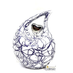 Abstract Blue and White Pearl Enamel Cremation Urn with Silver heart, Urns for Ashes, Urns for Human Ashes, Ashes Keepsake, Decorative Urns