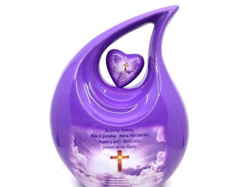 Lavender Teardrop Cremation Urn with Heart Insert – Adult Urn, 2.5 Liters