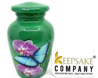 Handcrafted Small Urn - Green with Serene Blue Butterflies, Memorial Keepsake