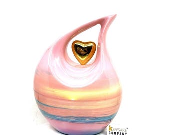 Pink Sea Beach Teardrop Urn with Golden Heart – Memorial Ash Urn