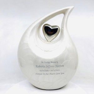 Super Pearl White Enamel Teardrop Adult Cremation Urn with Silver Heart urns for ashes - urns for ashes adult - urn for ashes - Adult Urn