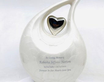 Super Pearl White Enamel Teardrop Adult Cremation Urn with Silver Heart urns for ashes - urns for ashes adult - urn for ashes - Adult Urn
