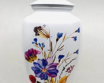 Floral Cremation Urn for Adult Ashes, White Flower Design, Engravable