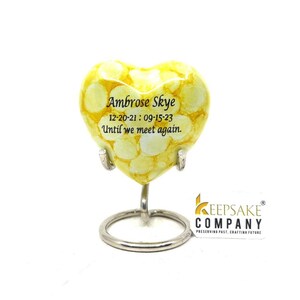 Personalized Yellow Heart Urn, Mini Keepsake Urn (3 Cubic Inches)