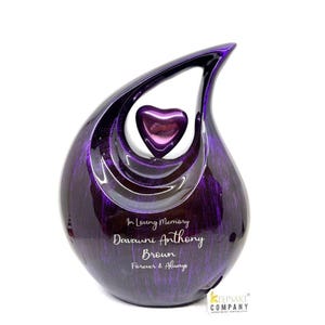 Purple Black Teardrop Urn: Heart Detail, Personalized Memorial, Multiple Color & Size
