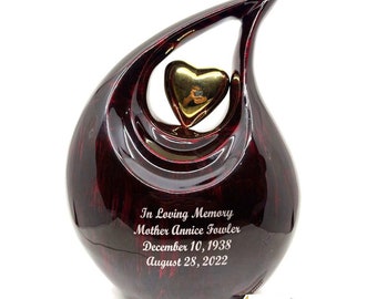 Gorgeous Maroon / Red Adult teardrop Cremation Urn for Human Ashes with Golden heart / Urn for Ashes  from Keepsake Company