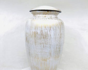 White and Golden Adult Cremation Urn - Handcrafted Aluminum Funeral Urn