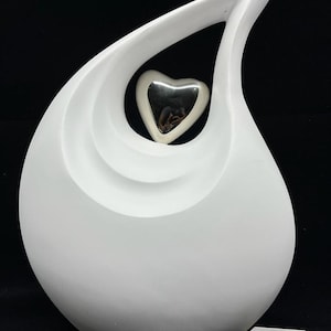 Teardrop Urn, White Enamel Aluminium with Silver Heart for Adult Ashes