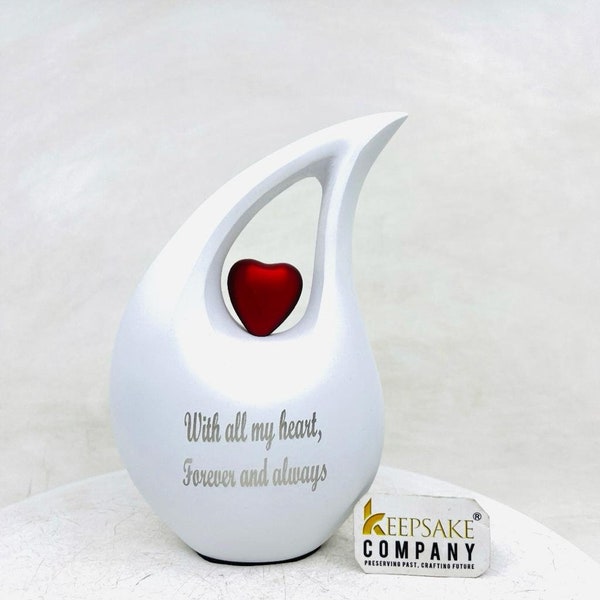 White matt  Teardrop metal Cremation Urn  with Red Heart in Medium size (6 Inches/ 15 centimeters) height - small urns for human ashes