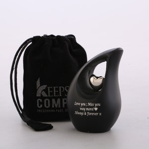 Small Urn Black Teardrop with Heart - Mini Keepsake Urn for Human Ashes - Elegant Ash Urn Memorial Gift