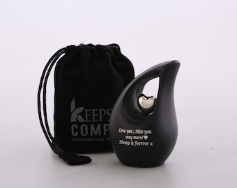 Small Urn Black Teardrop with Heart - Mini Keepsake Urn for Human Ashes - Elegant Ash Urn Memorial Gift
