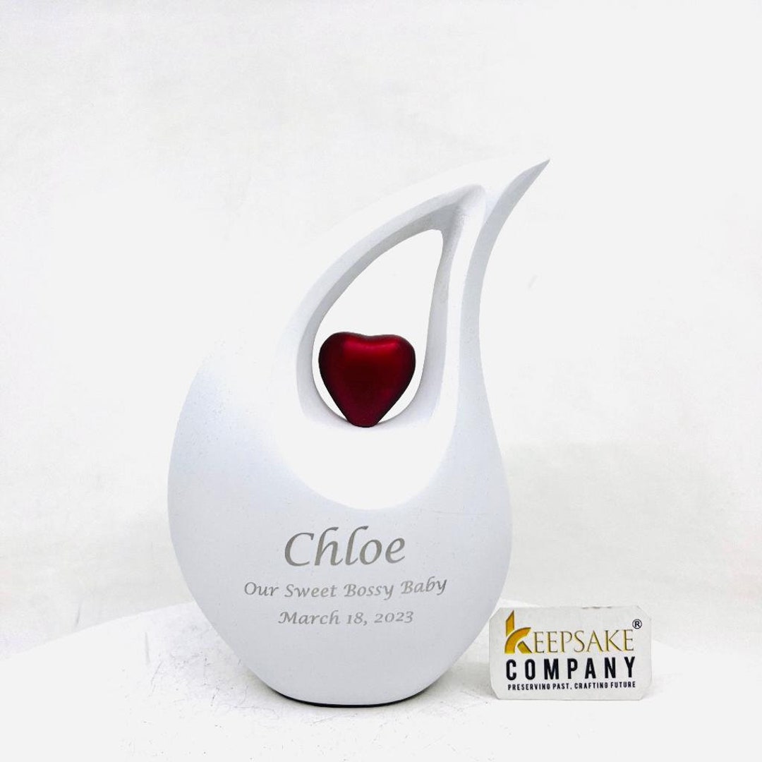 White Matt Teardrop Metal Cremation Urn With Red Heart in Medium Size 6