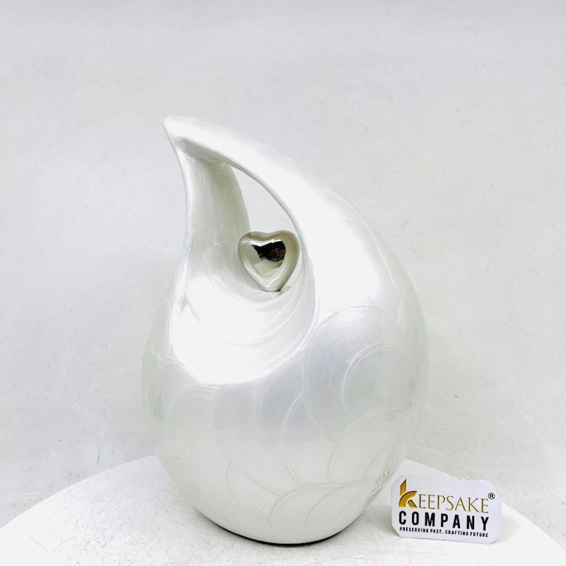 White Pearl Teardrop Cremation urn with Silver Heart Urn Urns for Ashes Medim Urn / Ash Urn Personalized Urn 7 Inches Height image 2