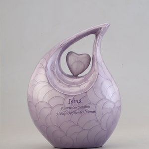 Keepsake Company's Dark Purple Pearl teardrop Enamel Adult Cremation Urn with Purple Heart For Human Ashes