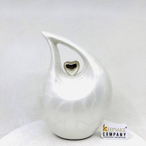 White Pearl Teardrop Cremation urn with Silver Heart Urn Urns for Ashes Medim Urn / Ash Urn Personalized Urn 7 Inches Height image 3