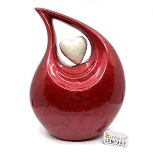 Red Pearl Enamel Teardrop Cremation Urn with White Heart, Adult Urn