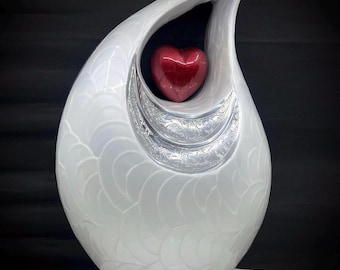 White Companion Urn with Red Heart for Ashes - Double Adult Cremation Urn & Memorial Keepsake for Loved Ones with complimentary velvet bag
