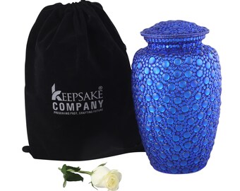 Mosaic Dark Blue Cremation Urn – Silver Glass Studded Ash Urn, Velvet Bag