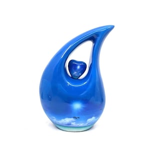 Blue Teardrop Cremation Urn – Seaside Scene Memorial Urn, Heart Insert