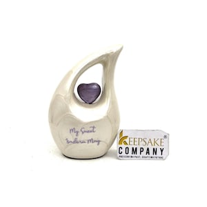 Cremation Urn Mini Pearl White Teardrop with Purple Heart - Small Keepsake Urn for Ashes Memorial Funeral