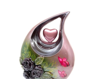 Burgundy Roses Teardrop Cremation Urn – 3D Flowers & Butterflies, Adult Female