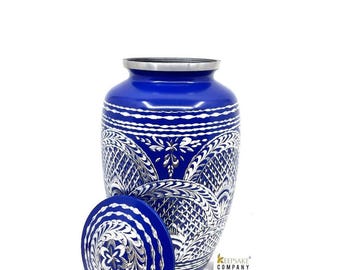 Blue Engraved Cremation Urn – Aluminum Funeral Urn for Adult Ashes