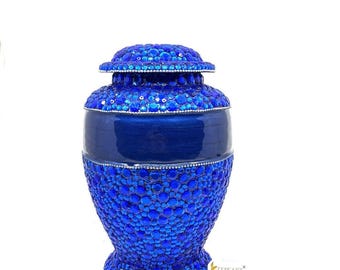 Mosaic Glass Cremation Urn – Blue Beaded Adult Urn, Memorial Ash Keepsake