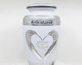 Memorial Urn: White Matte Heart and Wings Design (Custom Engraving)