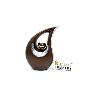 Bronze Teardrop Mini Cremation Urn with Silver Heart - Small Keepsake Urn for Ashes - Memorial Funeral Urn