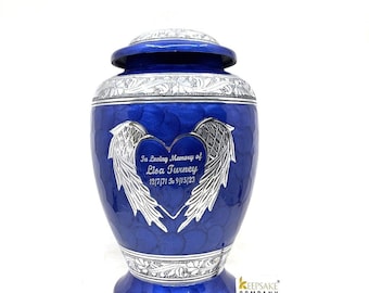 Blue Cremation Urn – Angel Wings and Heart Memorial Urn, Handmade