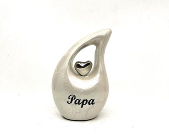 Pearl White Teardrop Keepsake Urn with Silver Heart, Mini Memorial Urn