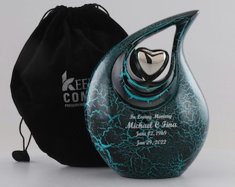 Teardrop Cremation Urn for Adult Ashes, Crackeled Texture, Silver Heart