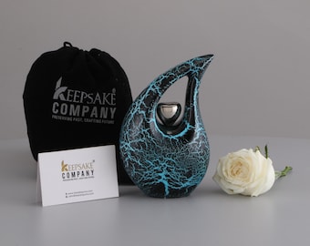 Teal Black Cremation Urn with Golden Heart, Medium Teardrop Memorial Urn