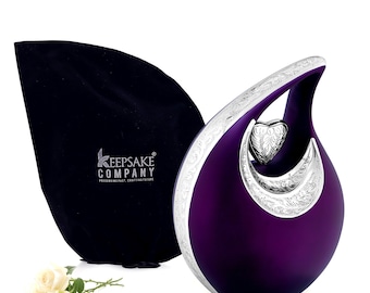 Purple Teardrop Urn with Silver Heart – Adult Cremation Urn, Personalized