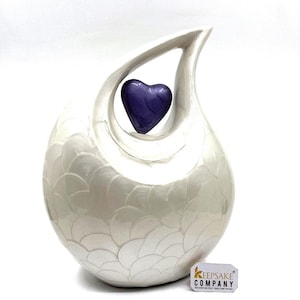 Keepsake Company&#39;s White teardrop Pearl Enamel Adult Cremation Urn with Purple Heart For Human Ashes