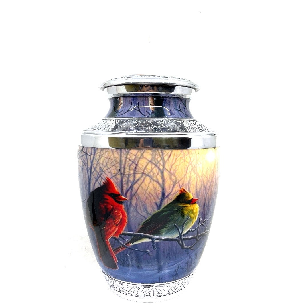Handpainted Cardinal Cremation Urn - Adult Size Winter Scene Urn For Ashes, 200 Lb Capacity, With Velvet Bag